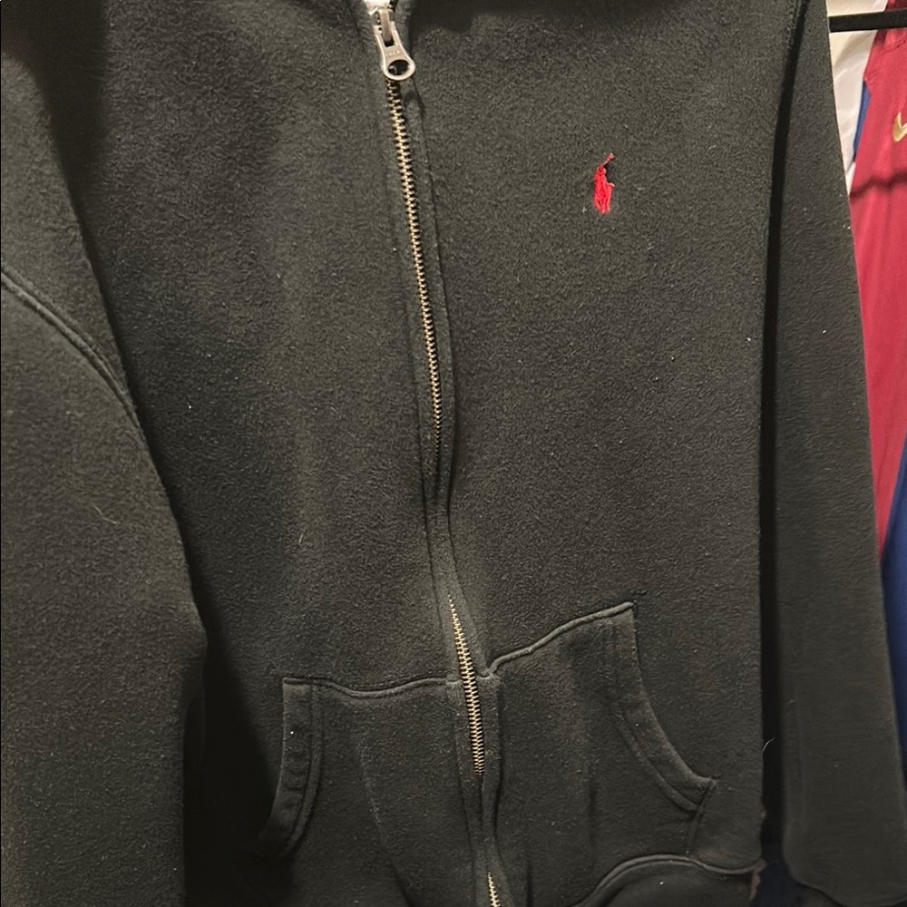 Black Zip-Up Hoodie with Red Logo